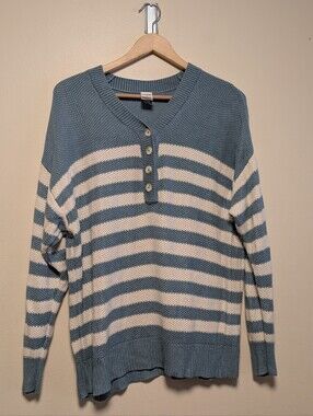 PINK Victoria's Secret Blue Coastal Stripe 100% Cotton Henley Sweater L
